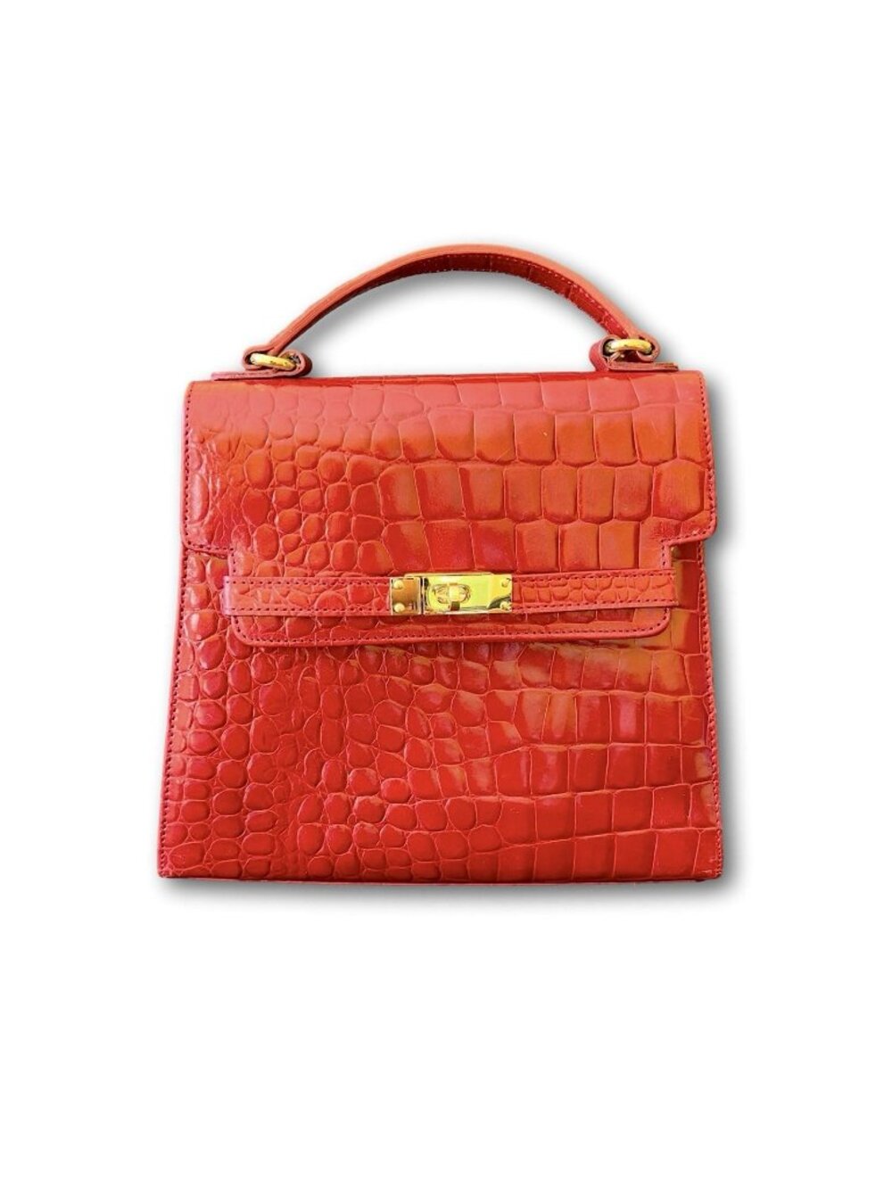 Vintage 1980s Talbots Red Crocodile Embossed Leather Top Handle Kelly Bag